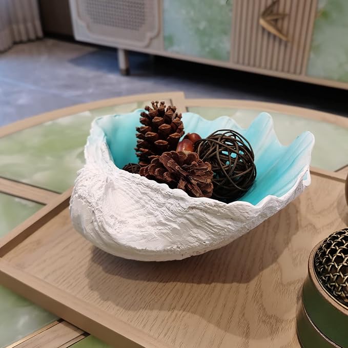 Large Turquoise-Aqua blue Sea Shells Decorative Bowl Resin Clam Shell Bowl Beach Decorations for Home Coastal Beach Decor Decoration Storage Bowls & Home Office Nautical Themed Party Decor -10.2-1PC