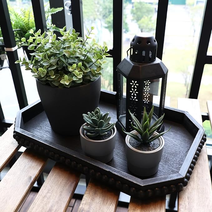 Wood Rustic Serving Tray with Beads, Farmhouse Vintage Black Decorative Tray for Table Centerpiece, Christmas Wedding Halloween Home Decor