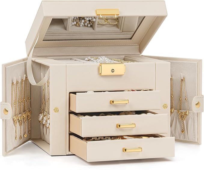 TORIBIO Jewelry Box for Women, Leather Jewelry Organizer with Mirror & Lock, 4-Tier Jewelry Storage Organizer with 3 Drawers for Girls/Women/Mothers, Necklace Earring Bracelets Holder Organizer