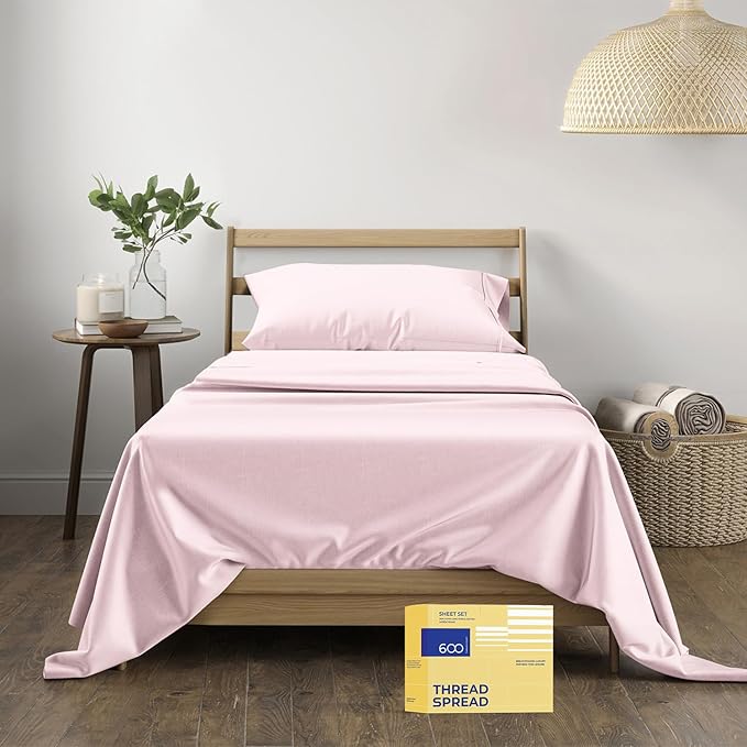 THREAD SPREAD Luxury Egyptian Cotton Sheets Twin XL Size - 600 Thread Count 3 PC Twin XL Sheets Deep Pockets, Soft, Cooling Extra Long Staple Sateen Weave College Dorm Bedding Twin XL - Blush