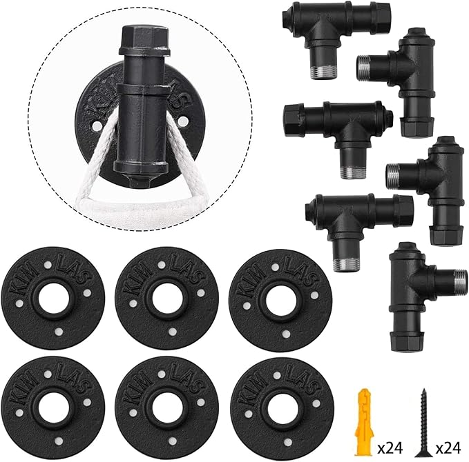 Elibbren 6 Pack Rustic Style Industrial Iron Pipe Coat Towel Holder Wall Hook for Hanging, Wall Mounted Vintage Robe Clothes Hanger Heavy Duty Farmhouse,Mounting Hardware Included Black