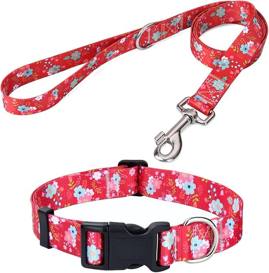 Dog Collar and Leash Set with Bohemia Floral Tribal Geometric Patterns - Soft Ethnic Style Collar Adjustable for Small Medium Large Dogs(Red Floral Set,L)