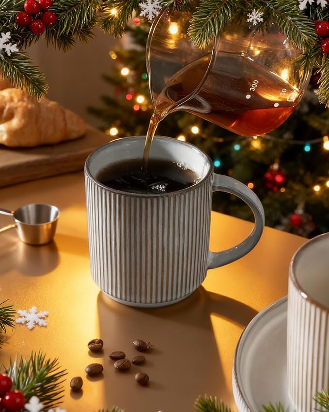 famiware Coffee Mug Set for 4, Star 12 oz Catering Mugs Cup Set with Handle for Coffee, Tea, Cocoa, Milk - Ceramic Stoneware Drinkware Set, Smoky Blue