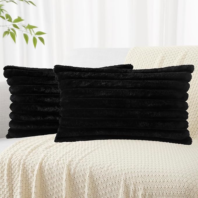 decorUhome Faux Fur Spring Throw Pillow Covers 12x20 Set of 2, Decorative Soft Plush Striped Lumbar Neutral Couch Pillow Covers with Velvet Back for Sofa, Bed, Living Room Home, Black