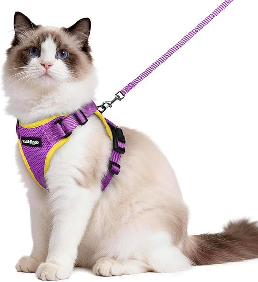 rabbitgoo Cat Harness and Leash for Walking, Escape Proof Soft Adjustable Vest Harnesses for Cats, Easy Control Breathable Reflective Strips Jacket, Purple&Yellow, M