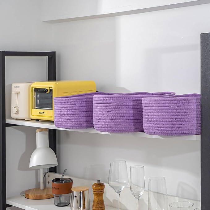 CubesLand Sturdy Woven Rope Storage Baskets, Purple, 2 Packs, 12" x 8" x 5.11"