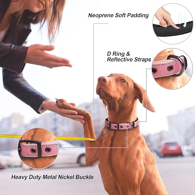 PetiFine Dog Collar for Large Dogs, Neoprene Padded and Adjustable, Reflective Wide Heavy Duty Pet Collars with Durable Metal Belt Buckle for Walking, Pink, L