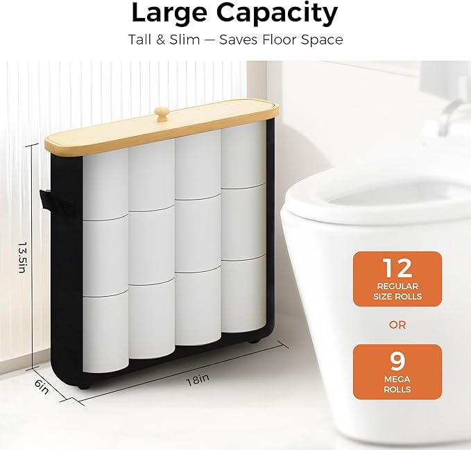 MinBoo Toilet Paper Basket, Storage with Lid, Toilet Paper Organizer for Bathroom, Free Standing Toilet Paper Holder with Storage,Black