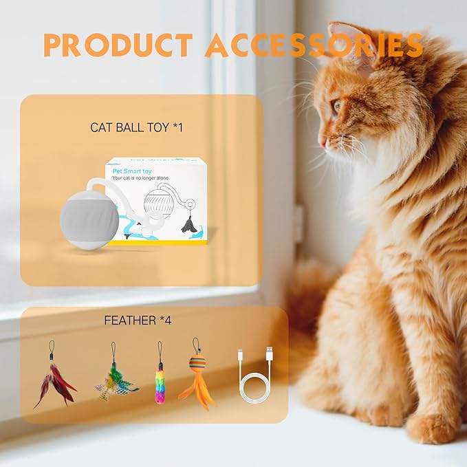 Interactive Cat Toys Ball - Electric Automatic Toys for Indoor cats, LED Lights and Toys Feather Tail with Sound Activated and Touch, USB Rechargeable, 2peeds Mode for Bored Kittens/Adult Cats/Ferret
