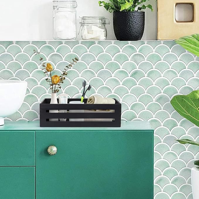 LotFancy Bathroom Decor Box, 2 Pack Wooden Toilet Paper Holder, Black Toilet Tank Basket, Back of Toilet Storage Basket, Farmhouse Toilet Tank Topper