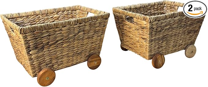 Wicker Toys Storage with Removable Wheels, Set of 2, Heavy Duty Hyacinth Storage Baskets for Organizing, Storage Woven Basket, Rattan Basket, Toys Storage (Water Hyacinth)