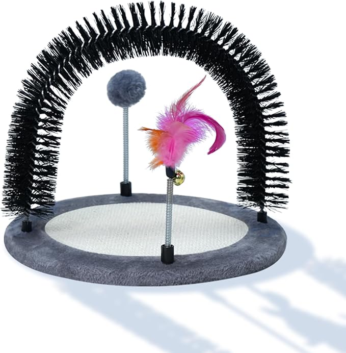 Interactive Toy with Scratching Pads for Indoor Cats,Interactive Cat Toy with Feather Toys and Self-Grooming Brush,Interactive Cat Toy for Indoor Cats,Grey (Round)