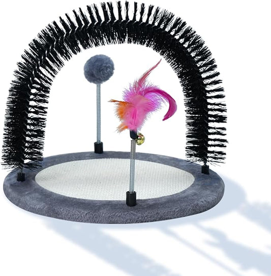 Interactive Toy with Scratching Pads for Indoor Cats,Interactive Cat Toy with Feather Toys and Self-Grooming Brush,Interactive Cat Toy for Indoor Cats,Grey (Round)