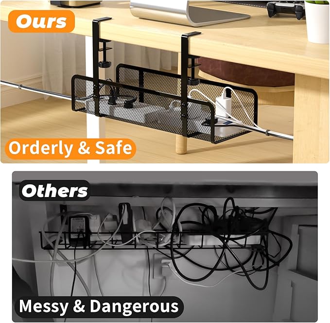 Under Desk Cable Management Tray, Wire Management Cable Organizer Box, Cord Organizer Storage Cable Raceways for Office, Home - No Damage to Desk, No Drill