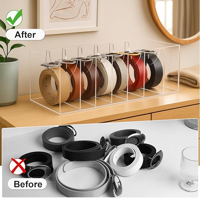 JASGOOD Acrylic Belt Organizer for Closet- 7 Compartments Clear Storage Container Display Holder for Belts, Ties, Watches, Bracelets, Jewelry,Make up and Accessories