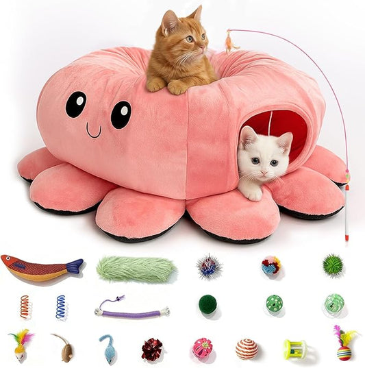 Cat Tunnel Bed with 20 Cat Toys, Collapsible Play Tunnel for Indoor Cats, Kitten Toys for Indoor Kittens, Octopus Shaped