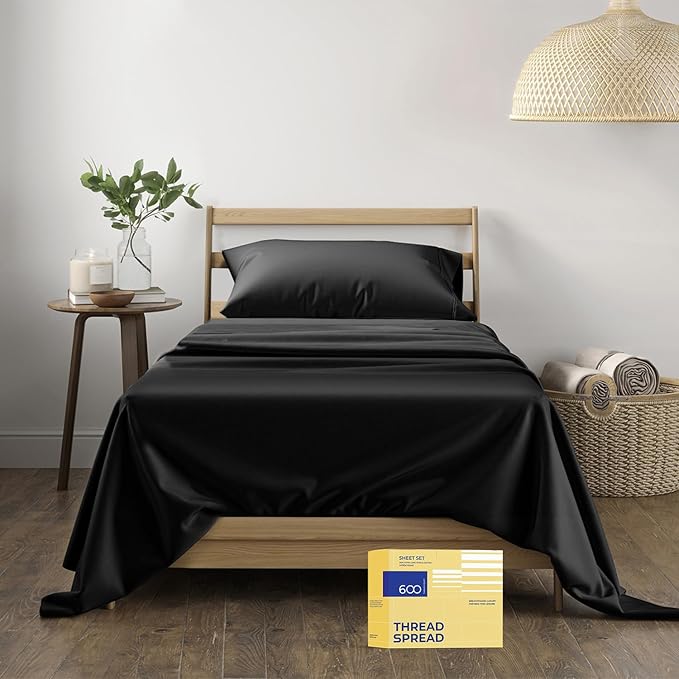 THREAD SPREAD 100% Egyptian Cotton Twin Size Sheet Set - 3 PC 600 Thread Count Egyptian Cotton Sheets Set for Twin Size Bed (Black), Soft, Cooling, Luxury Hotel 16" Deep Pocket Sateen Bedsheet