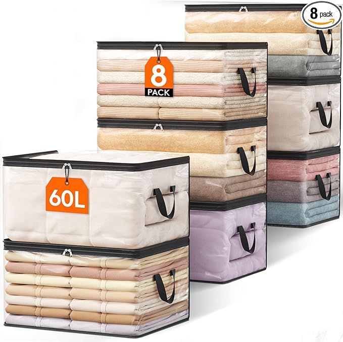 Lifewit 8 Pack Clear Clothes Storage Bags, 60L Plastic Blanket Vinyl Foldable Moving Bags with Zipper, Closet Organizers and Storage Containers for Bedding, Duvet, Pillow