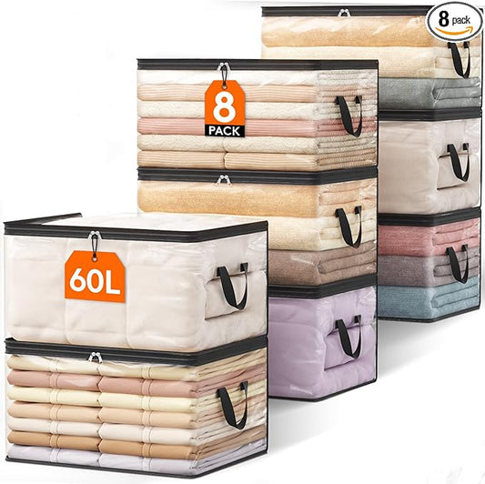 Lifewit 8 Pack Clear Clothes Storage Bags, 60L Plastic Blanket Vinyl Foldable Moving Bags with Zipper, Closet Organizers and Storage Containers for Bedding, Duvet, Pillow