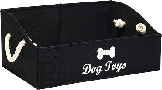Geyecete Large Dog Toys Storage Bins - Foldable linen Trapezoid Organizer Boxes with weave Rope Handle, Collapsible Basket for Shelves (Black-DOG)