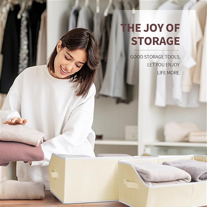 Clothes Organizers and Storage - Fabric Cube Bins with Handles, Storage Baskets for Shelves, Trapezoid Collapsible Boxes for Home, Dorm, Office, 10 Pack, Beige