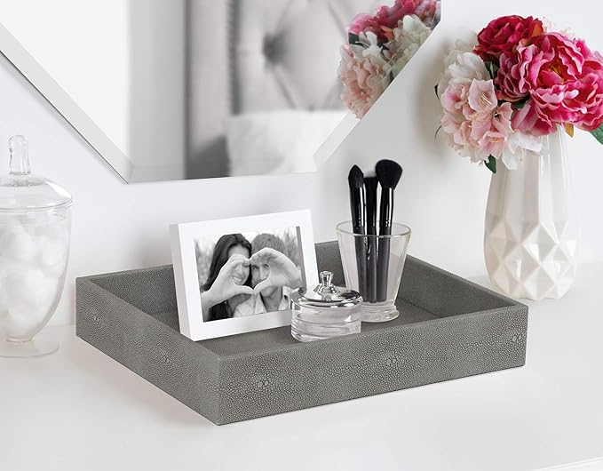 HofferRuffer Decorative Desktop Organizer Tray, Bathroom Vanity Tray, Storage Jewelry Perfume Dresser Tray, Catchall Tray for Change Coin Key, 10.2 x 8.4 x 1.8 inches (Dark Grey Faux Leather Shagreen)