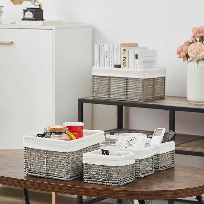 Vagusicc Wicker Storage Basket, Hand-Woven Paper Rope Wicker Baskets, Rectangular Small Wicke Baskets for Organizing, Cube Storage Bins for Closet/Clothes/Dresser, Grey, 5-Pack