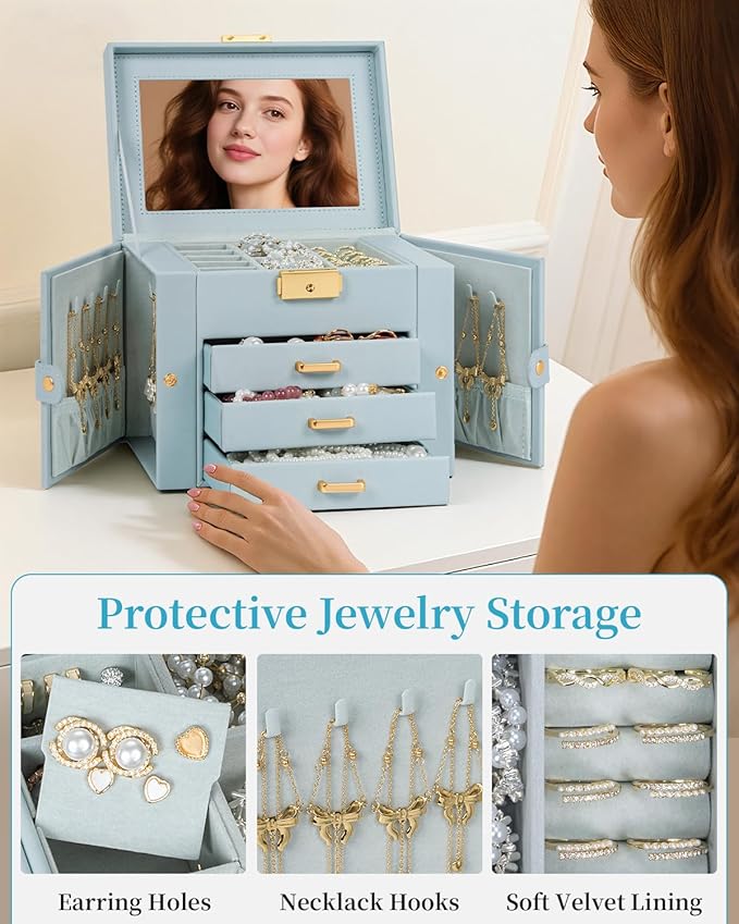 TORIBIO Jewelry Box for Women, Leather Jewelry Organizer with Mirror & Lock, 4-Tier Jewelry Storage Organizer with 3 Drawers for Girls/Women/Mothers, Necklace Earring Bracelets Holder Organizer