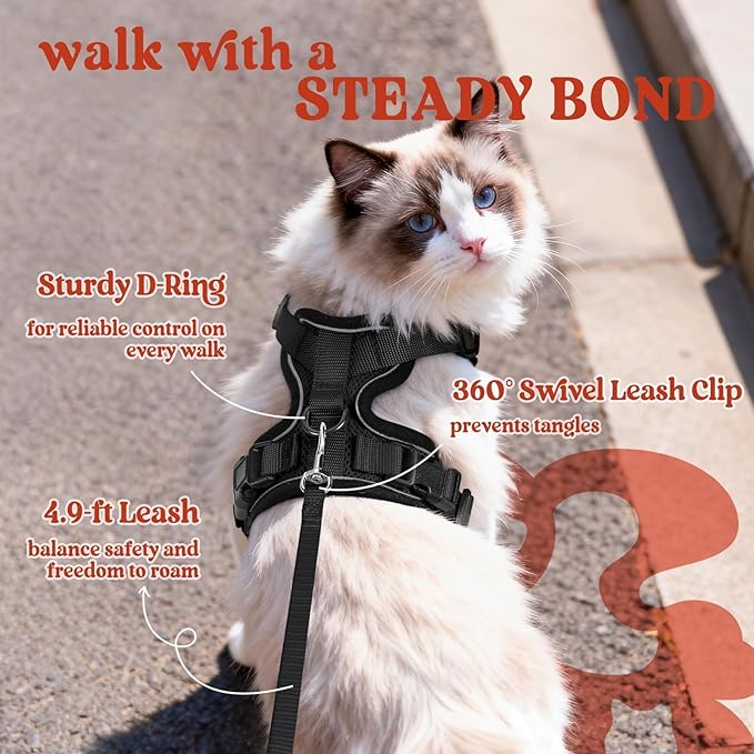 rabbitgoo Cat Harness and Leash for Walking, Escape Proof Soft Adjustable Vest Harnesses for Cats, Easy Control Breathable Reflective Strips Jacket, Black, XS