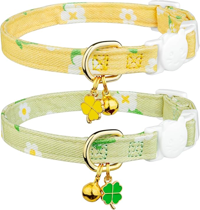 2 Pack Cotton Breakaway Cat Collar Green and Yellow Flowers Pendant Cute Kitten Cat Collar with Bell