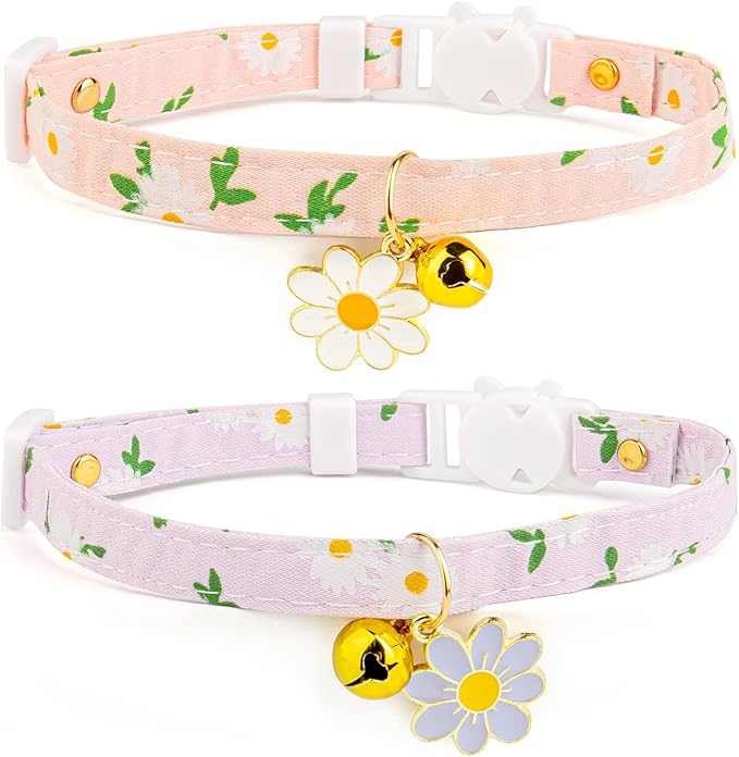 2 Pack Cotton Breakaway Cat Collar with Bell Pink&Purple Flowers Pendant Cute Kitten Cat Collar Suitable for Girls and Boys