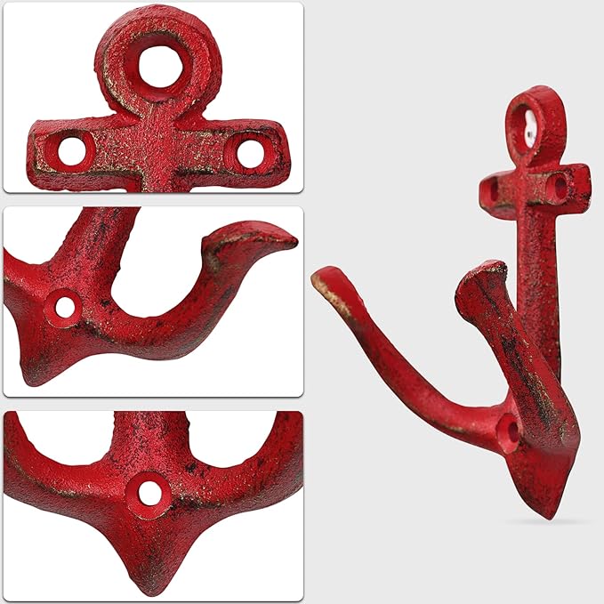 XINGYAN Vintage Rustic Cast Iron Nautical Sea Anchor Design Wall Hooks,Home Coat Rack,Decorative Wall Mounted Antique Shabby Chic Metal Bathroom Towel,Coat Hooks,Hanger,Screws Inside (Red[4pcs])