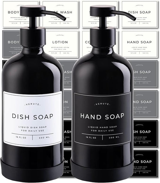 16oz Glass Soap Dispenser with Stainless Steel Pump, 21 Waterproof Labels, Non-Slip Protective Silicone Pad, Set of 2 for Bathroom & Kitchen (Gloss Black Bottle/Black Pump)