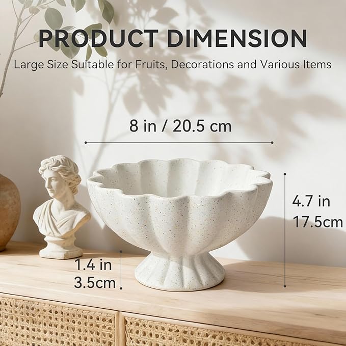 Pedestal Decorative Bowl Home Decor - Morden Resin Handmade Decorative Fruit Bowl for Kitchen Counter, Chic Ruffle Bowl Centerpiece Decor for Dining Table Coffee Table (Spotted White)