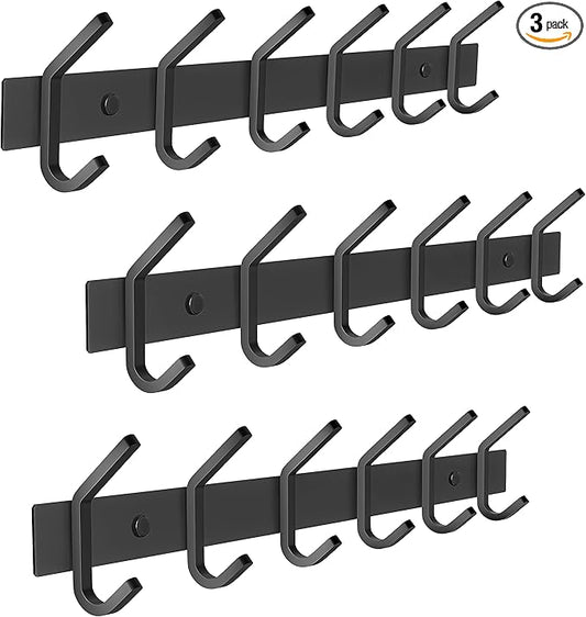 Matte Black Coat Rack Wall Mount – 17 Inch Stainless Steel Hook Rail with 6 Double Coat Hooks – Wall Mounted Entryway Organizer for Coats, Hats, Bags, Towels, Robes, Closet or Bathroom - 3 Pack