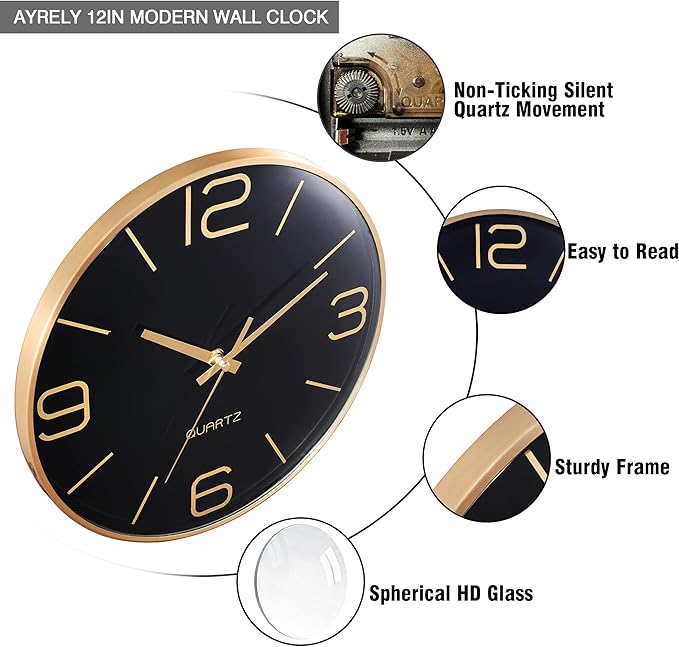 AYRELY® 12 Inch Silent Modern Wall Clocks Battery Operated, Wall Clock for Living Room Décor,Gold Metal Frame Clock Decorative for Bedroom,Kitchen,Office