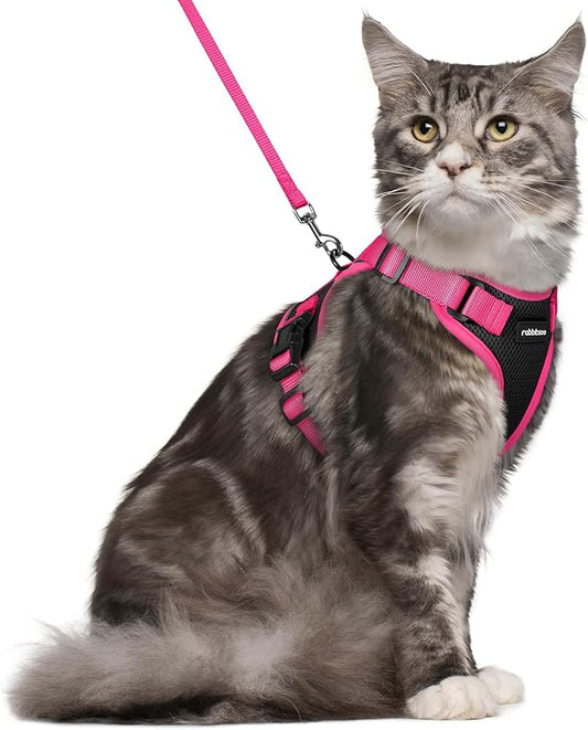 rabbitgoo Cat Harness and Leash Set, Escape Proof Soft Adjustable Vest Harnesses for Outdoor Walking, Easy Control Breathable Kitten Jacket with Reflective Strips, Black & Rose Pink, M