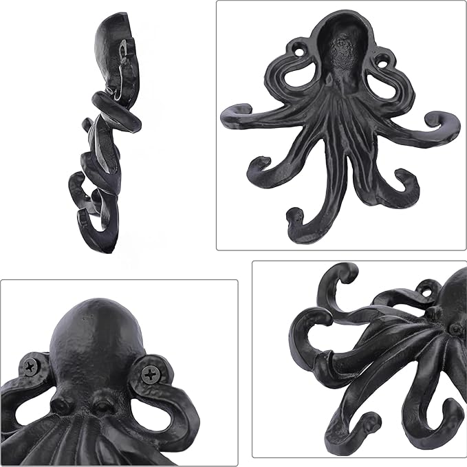 Sumnacon 6 Inch Cast Iron Octopus Coat Hook - Rustic Metal Wall Rack for Key Towel Bag, Hat Scarf with Screws, Decorative Duty Clothing Hanger for Bedroom Bathroom Kitchen Balcony Entry Door, Black