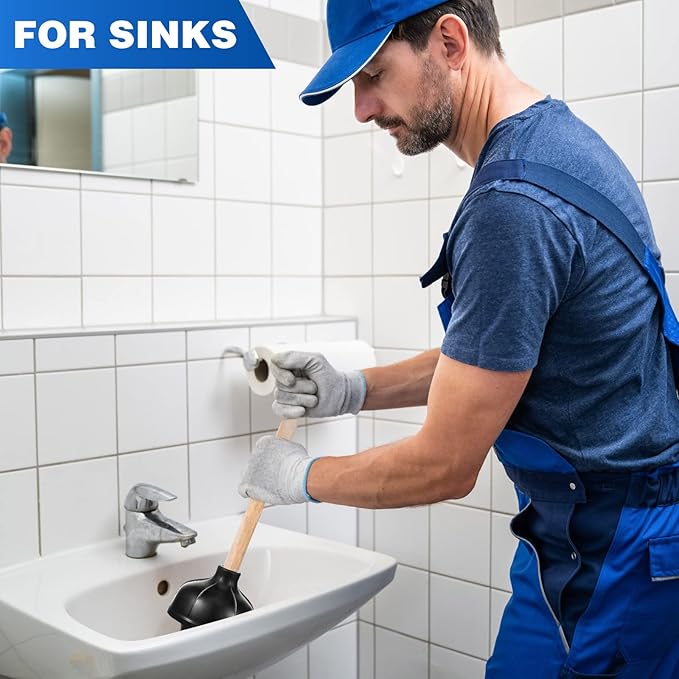 Tanlade 10 Pcs Toilet Plungers for Bathroom Heavy Duty 18 Inch Bulk Black Commercial Plungers with Double Thrust Force Rubber Suction Cup and Long Wooden Handle for Stores Restaurants