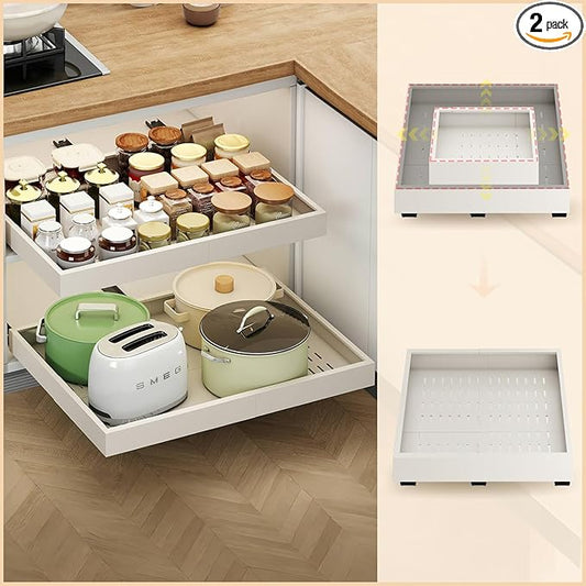 2Pc Pull out Cabinet Organizer,Width (16"-21") and Depth(13"-17"),Expandable With 3 Rails, Cabinet Roll out Drawers,Adjustable Slide out shelves for Kitchen and Pantry,for Cabinets Without Lip,White