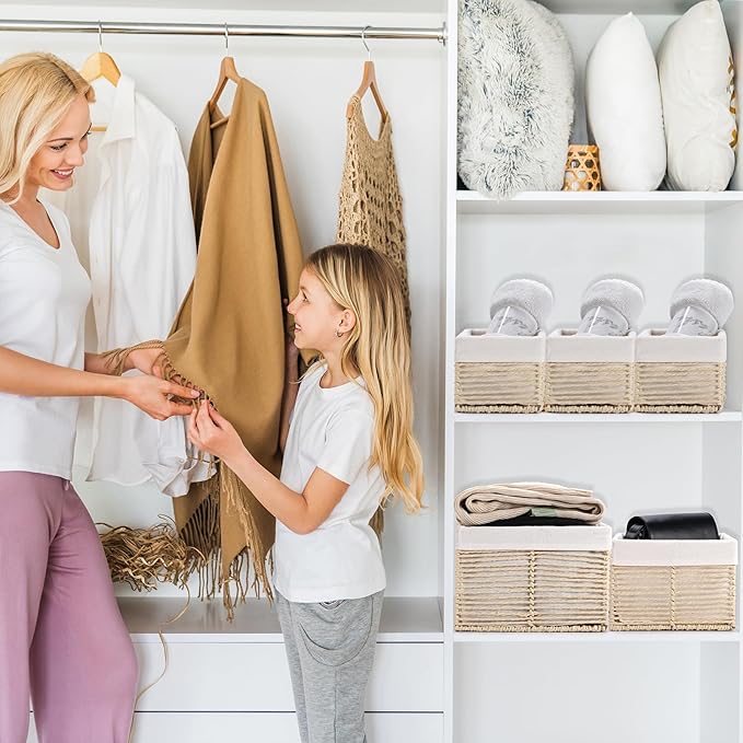 Vagusicc Wicker Storage Basket, Hand-Woven Paper Rope Basket, Rectangular Small Basket for Organizing, Cube Storage Bin for Closet/Clothes/Dresser, Beige, 5-Pack