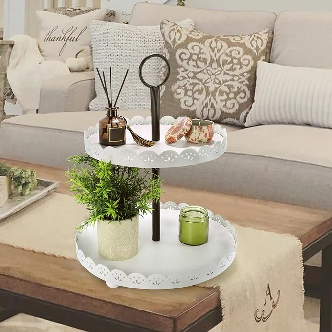 Wooden Two Tiered Tray Stand, Farmhouse Round 2 Tier Decorative Tray with White Metal Floral Edge for Home Kitchen Table Decor, Serving Tray for Coffee Bar Party Weddding Holiday Decorations