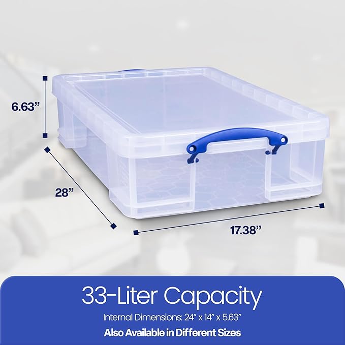 Really Useful Box 33 Liter Storage Container with Snap Lid and Clip Lock Handle for Lidded Home Item Storage Bins, Stores 44 DVDs or 186 CDs, 4 Pack