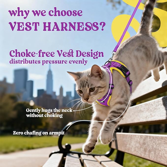 rabbitgoo Cat Harness and Leash for Walking, Escape Proof Soft Adjustable Vest Harnesses for Cats, Easy Control Breathable Reflective Strips Jacket, Purple&Yellow,XXS