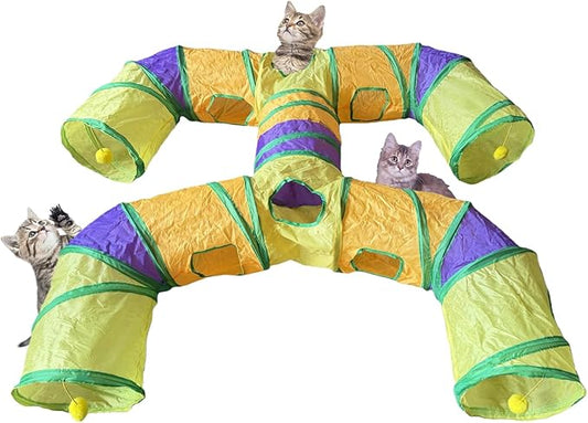 Foldable H-Shaped Cat Tunnel Toy with Interactive Playing Balls - 4 Exits for Cats, Kittens, Rabbits & Small Pets Collapsible Play Tube for Indoor Fun & Exercise (Colorful)