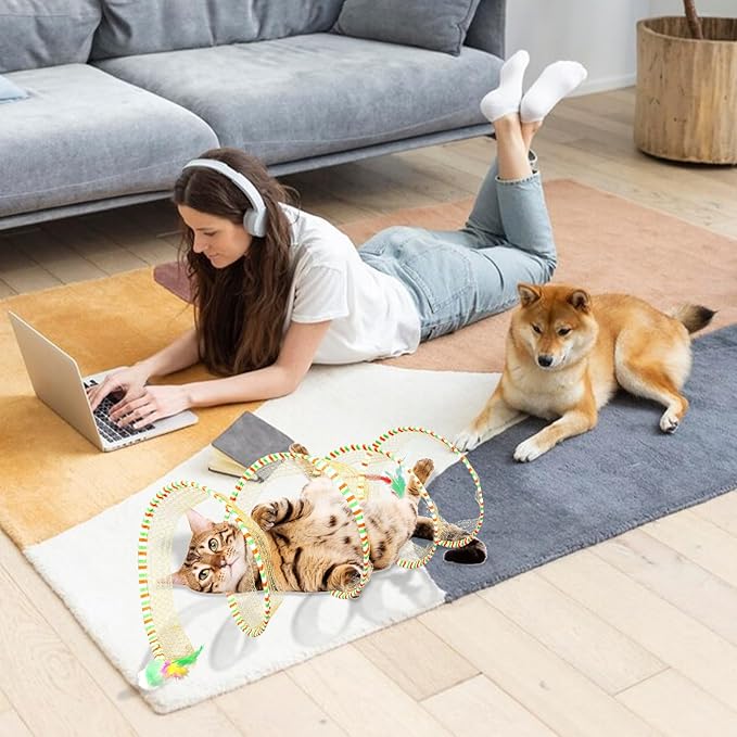 2-Pack Large Cat Tunnel Beds - Indoor & Outdoor,Kitten Collapsible Spring Tunnel Toy with Feather and Bell,Interactive Spring Toys for Cats & Kittens（Yellow and Blue）