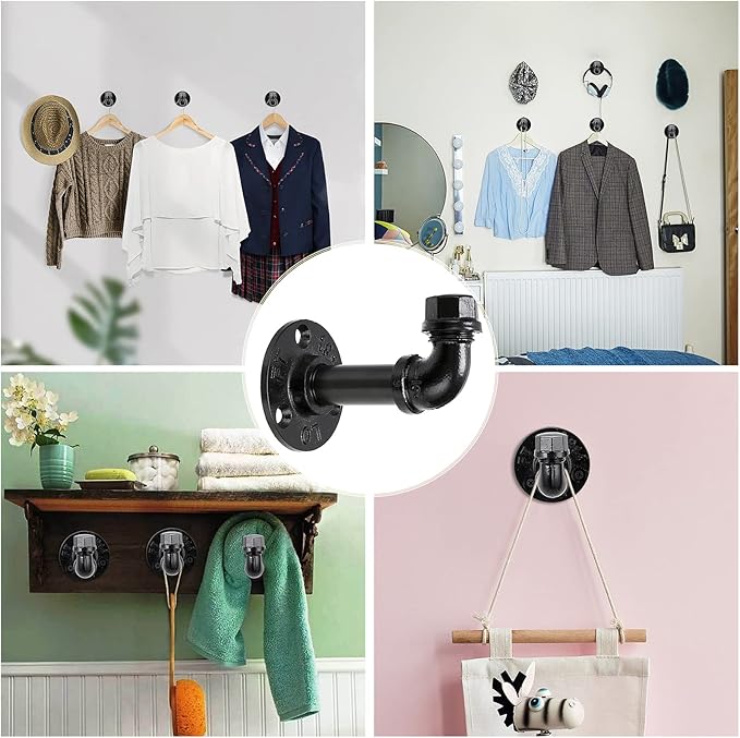 Sumnacon 3 Pcs Industrial Pipe Coat Hook Racks - Heavy Duty Rustic Clothes Towel Holder Hanger, Wall Mounted with Hardware for Home, Office, Electroplated Black Finish