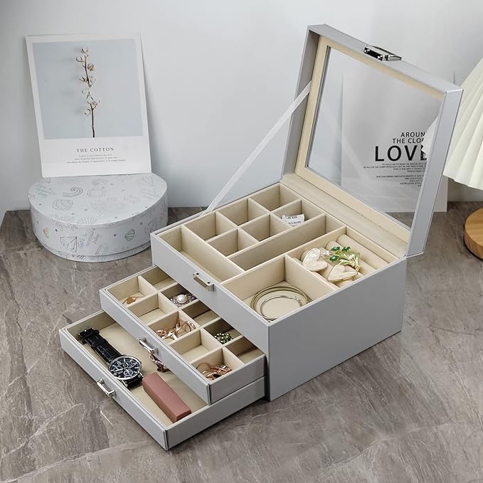 BOOVO Clear Lid Jewelry Box,3 Layers Jewelry Organizer Large Multi-Functional Jewelry Storage Box with 2 Drawers,Jewelry Display Case of Rings Earrings Necklace Bracelets for Women Girls (Grey)