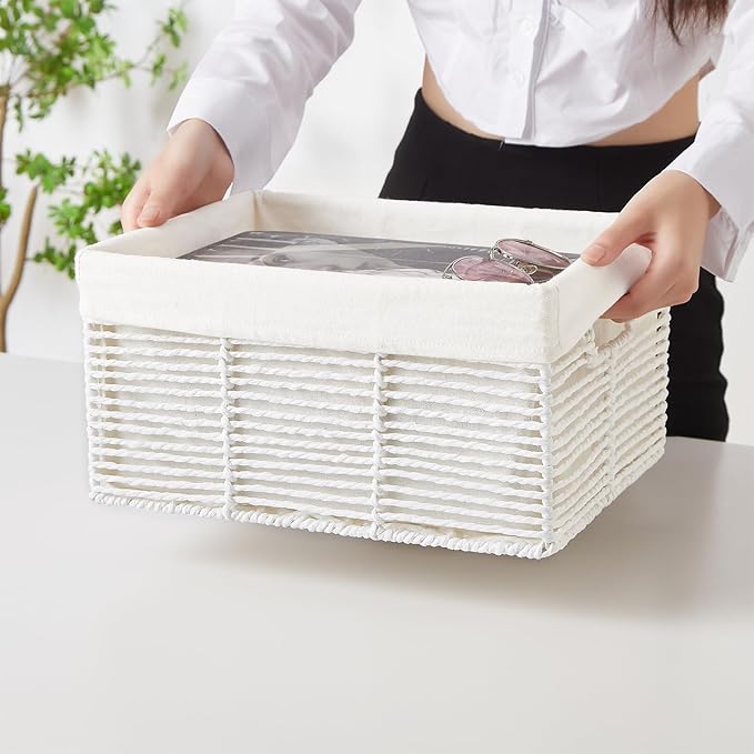 Vagusicc Wicker Storage Basket, 6 Pack Baskets for Organizing, Wicker Baskets with Handle, Rectangular Wicke Basket for Storage Shelves, Cube Storage Bins for Closet/Clothes/Dresser, White