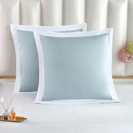 THE COTTON & SILK®️ 100% Luxury Long-Staple Cotton Euro Sham (26"x26"), Set of 2, with Envelope Closure on The Back, Misty Blue + White